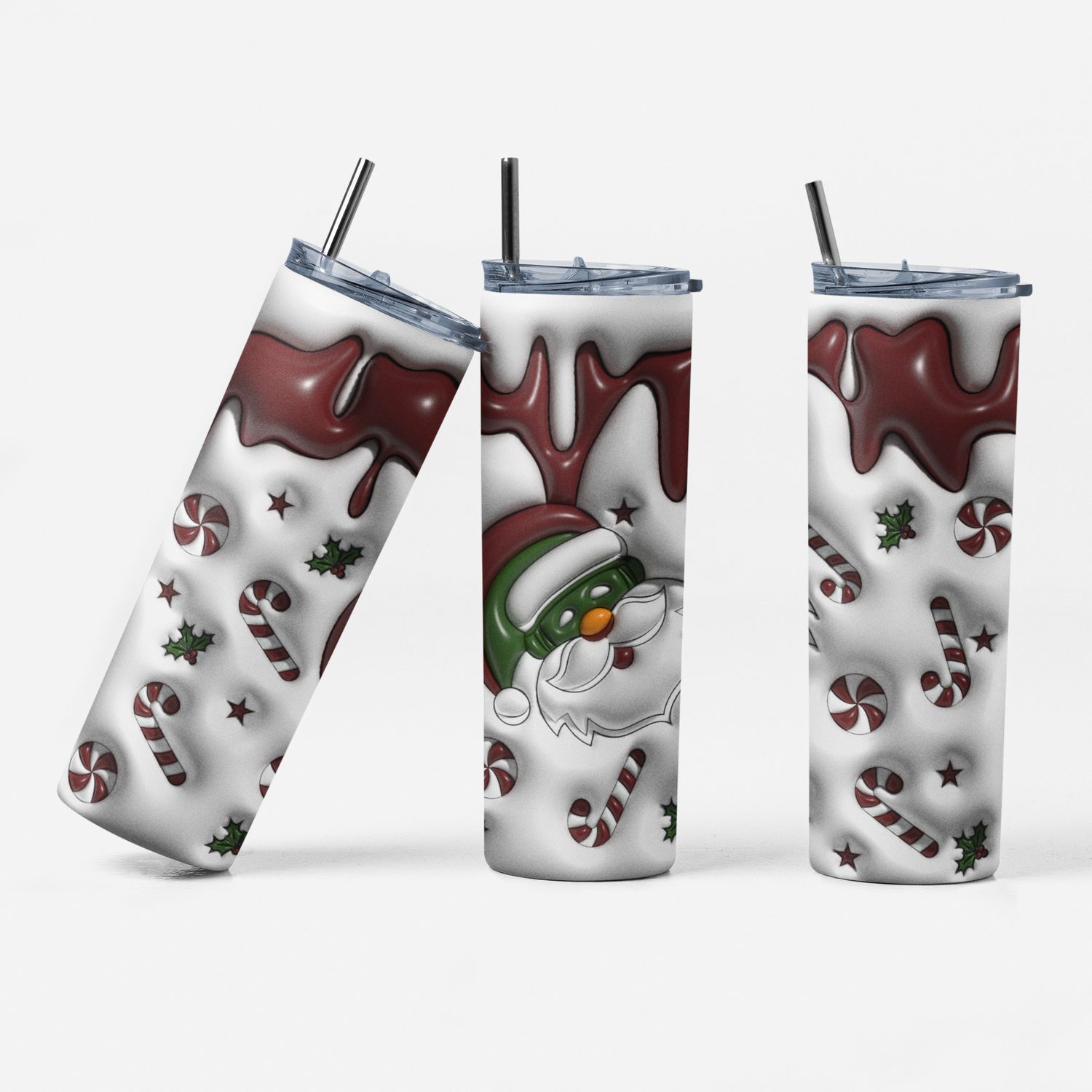 Christmas Skinny Tumbler with Straw, 20 oz, Santa and Candy Cane Design, White