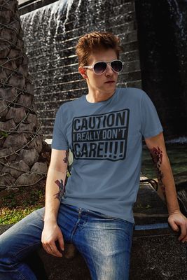 Funny Caution T-Shirt, I Really Don&#39;t Care Design, Indigo Blue, Size M, Adult Unisex