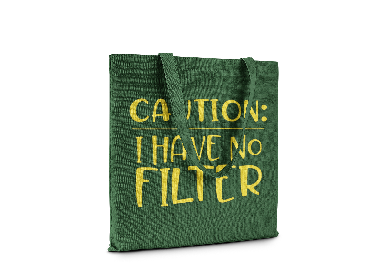 Funny Canvas Tote Bag, Green with Yellow Text, Caution I Have No Filter