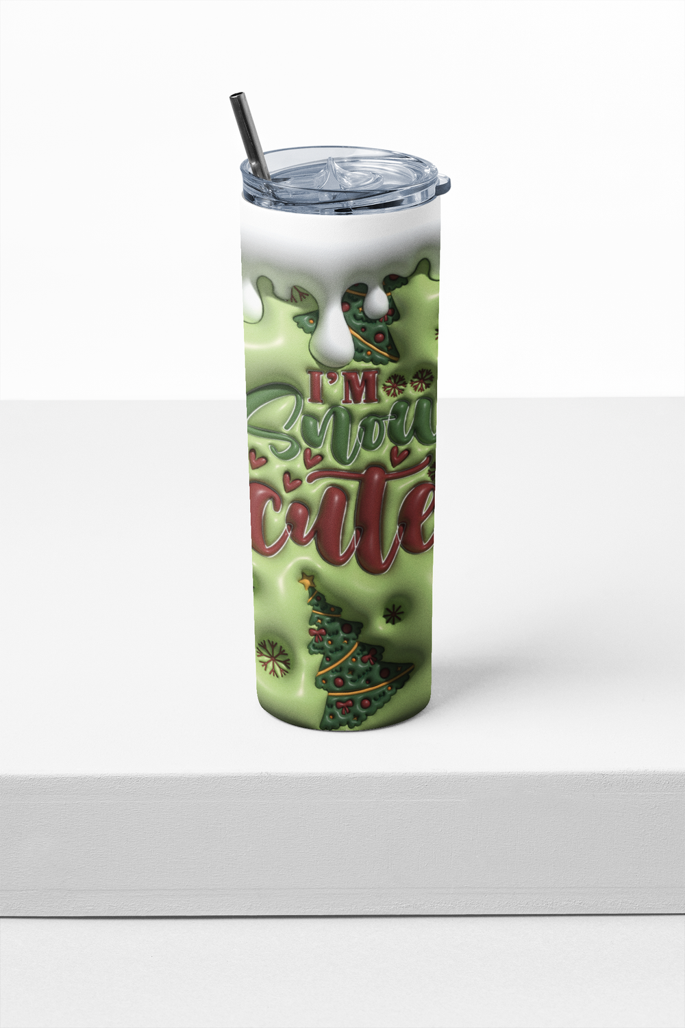 Christmas Tumbler with Straw, 20 oz, Snow Cute Design with Trees, Green and White