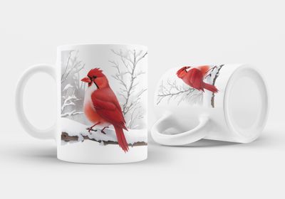 Cardinal Coffee Mug 15 oz - White Ceramic with Snow Scene Design