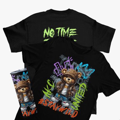 Stay Wild Bear Streetwear T-Shirt and Tumbler, Black, 20 oz Stainless Steel Travel Mug, Graffiti Design Tee