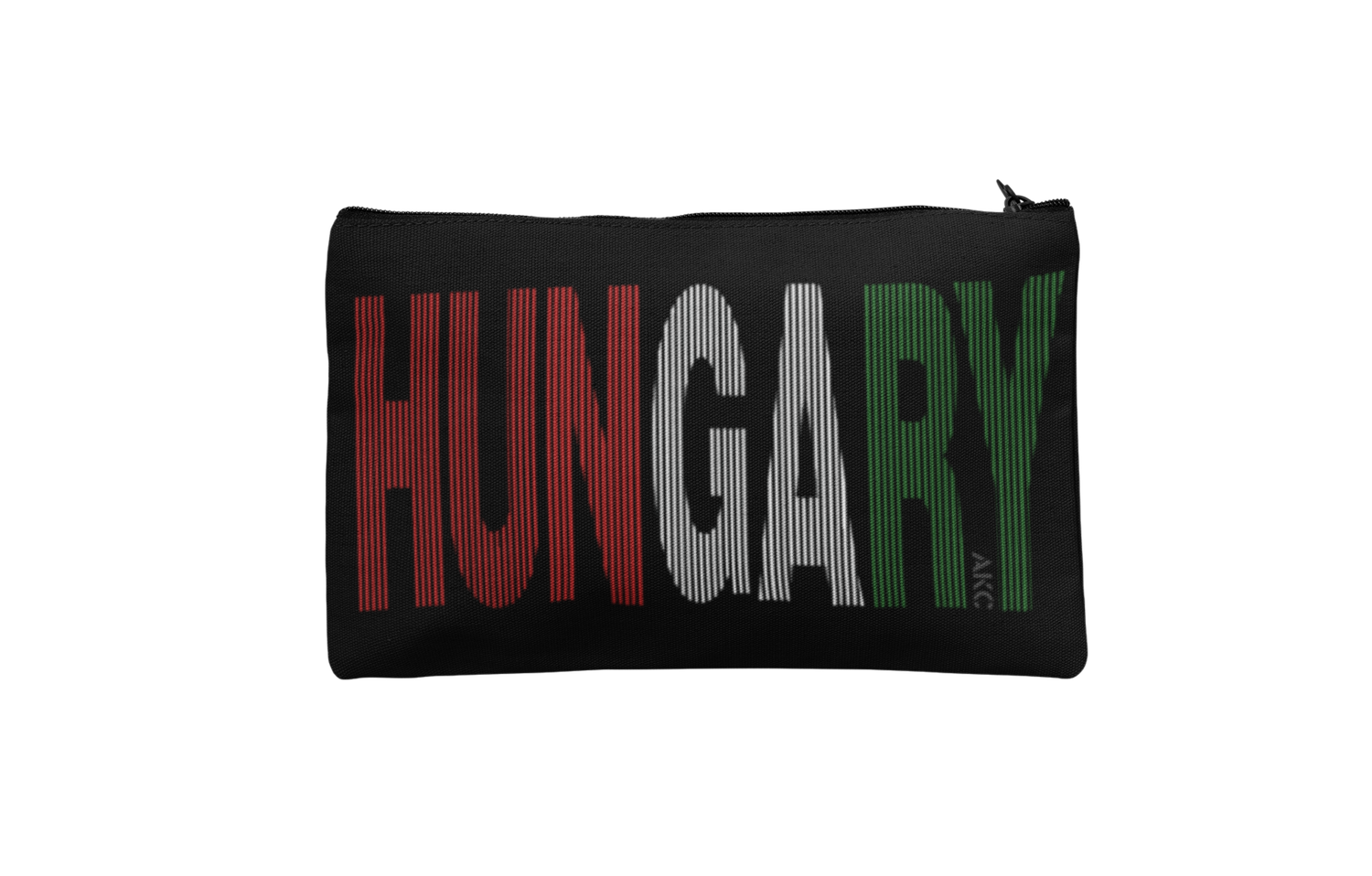 AKC Hungarian Sliced Font Design Cosmetic Bag, Black Canvas Makeup Pouch with Tricolor Text