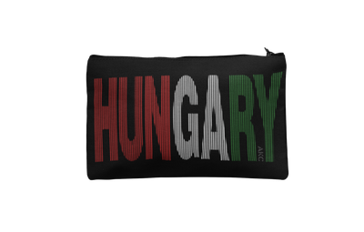 AKC Hungarian Sliced Font Design Cosmetic Bag, Black Canvas Makeup Pouch with Tricolor Text