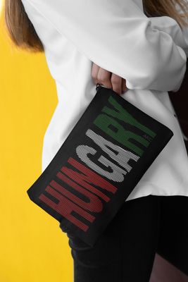 AKC Hungarian Sliced Font Design Cosmetic Bag, Black Canvas Makeup Pouch with Tricolor Text