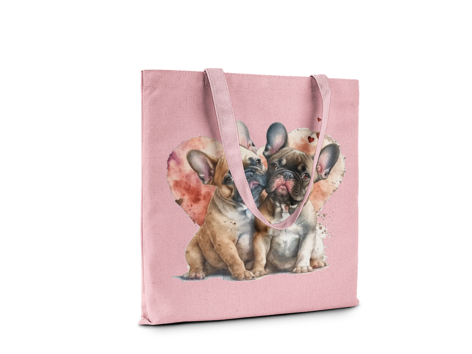 French Bulldog Love Canvas Tote Bag, Pink Cotton Shopping Bag with Puppy Design