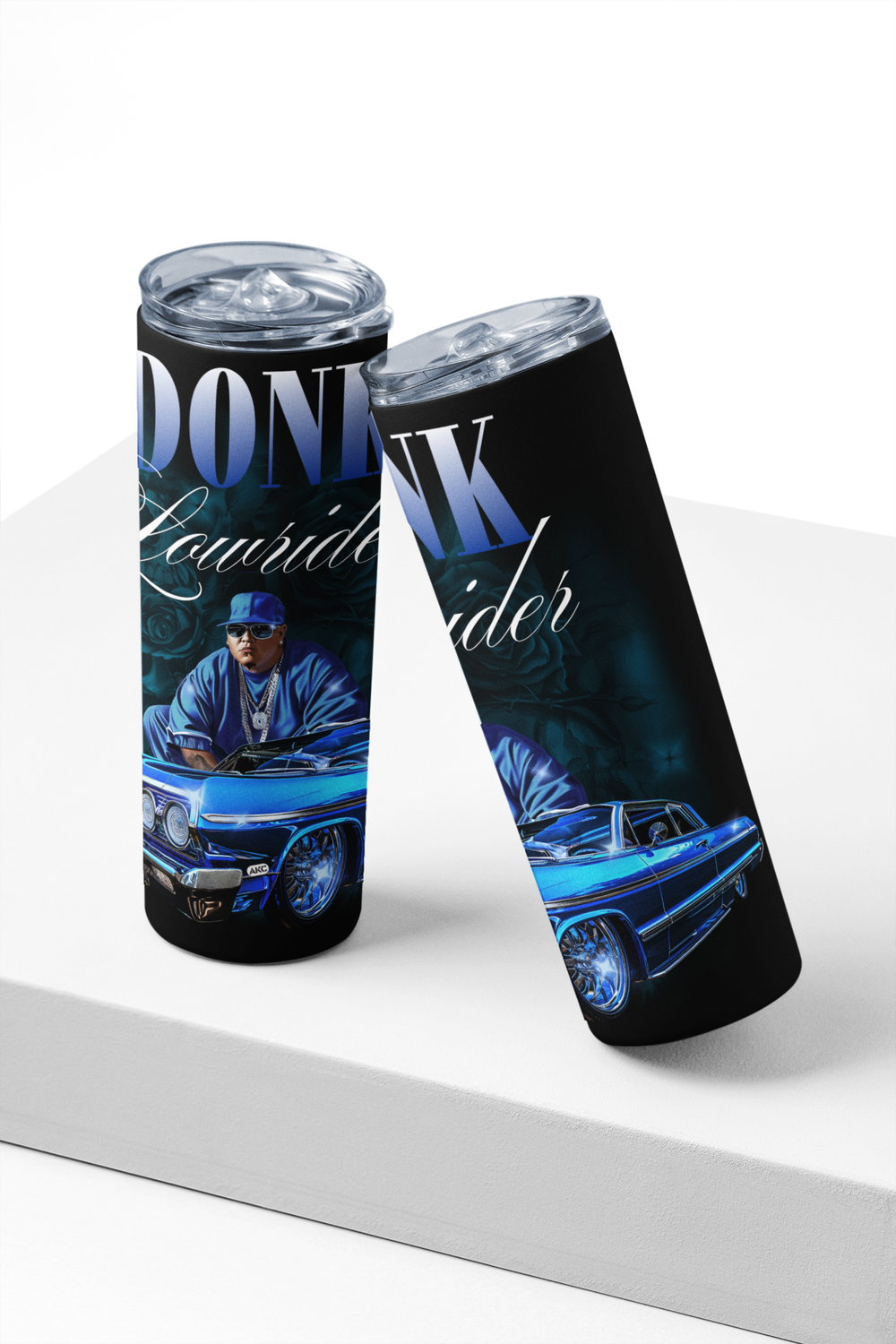 AKC Lowrider Classic Car Design Insulated Tumbler with Straw, 20oz Stainless Steel, Black and Blue