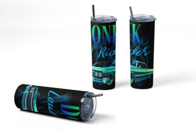AKC Lowrider Classic Car 20oz Stainless Steel Tumbler in Black with teal graphics.