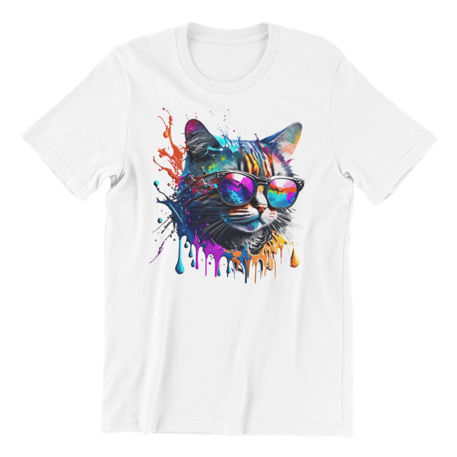 Cool Cat Graphic T-Shirt, Colorful Paint Splash Design, White