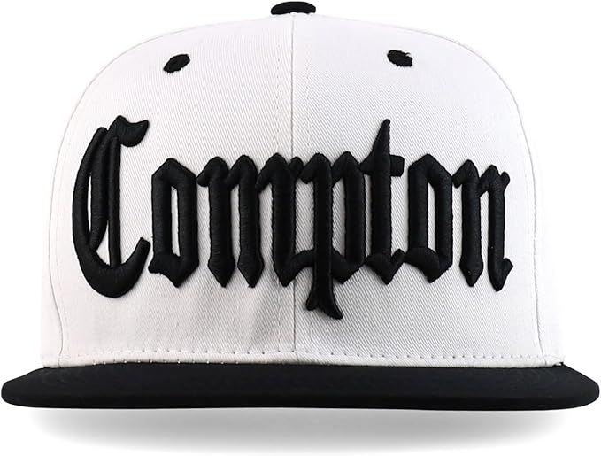 Retro Custom Embroidered Compton Snapback Hat in white with black embroidered details.