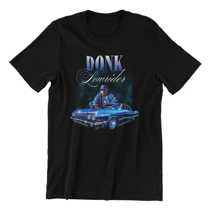 Black Donk Lowrider Custom Graphic Tee with blue lowrider design and driver graphic detail.