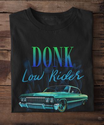 Urban Lowrider Custom Graphic T-Shirt featuring a green blue  car graphic design.