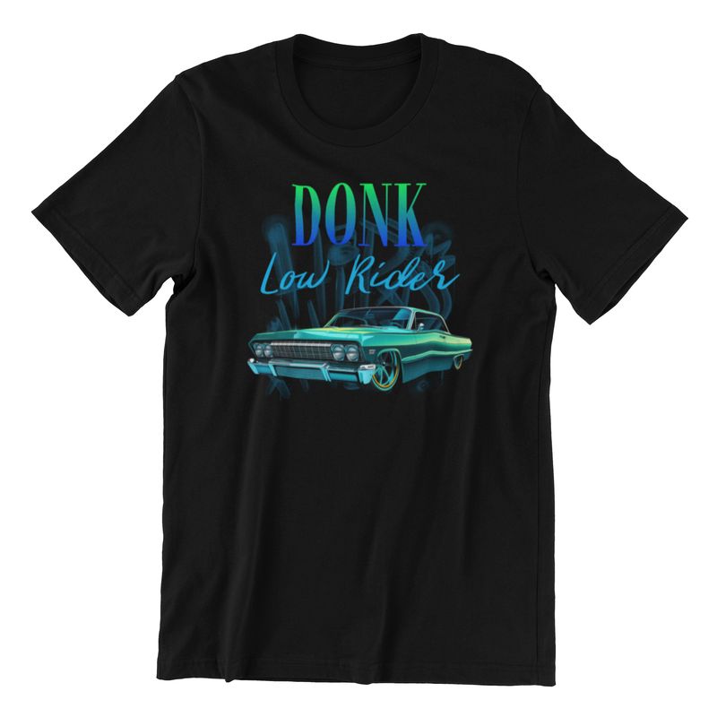 Urban Lowrider Custom Graphic T-Shirt featuring a green and blue lowrider car design.