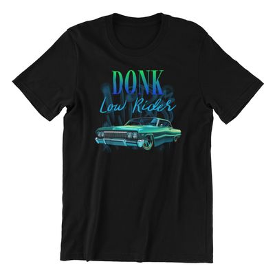 Urban Lowrider Custom Graphic T-Shirt featuring a green and blue lowrider car design.