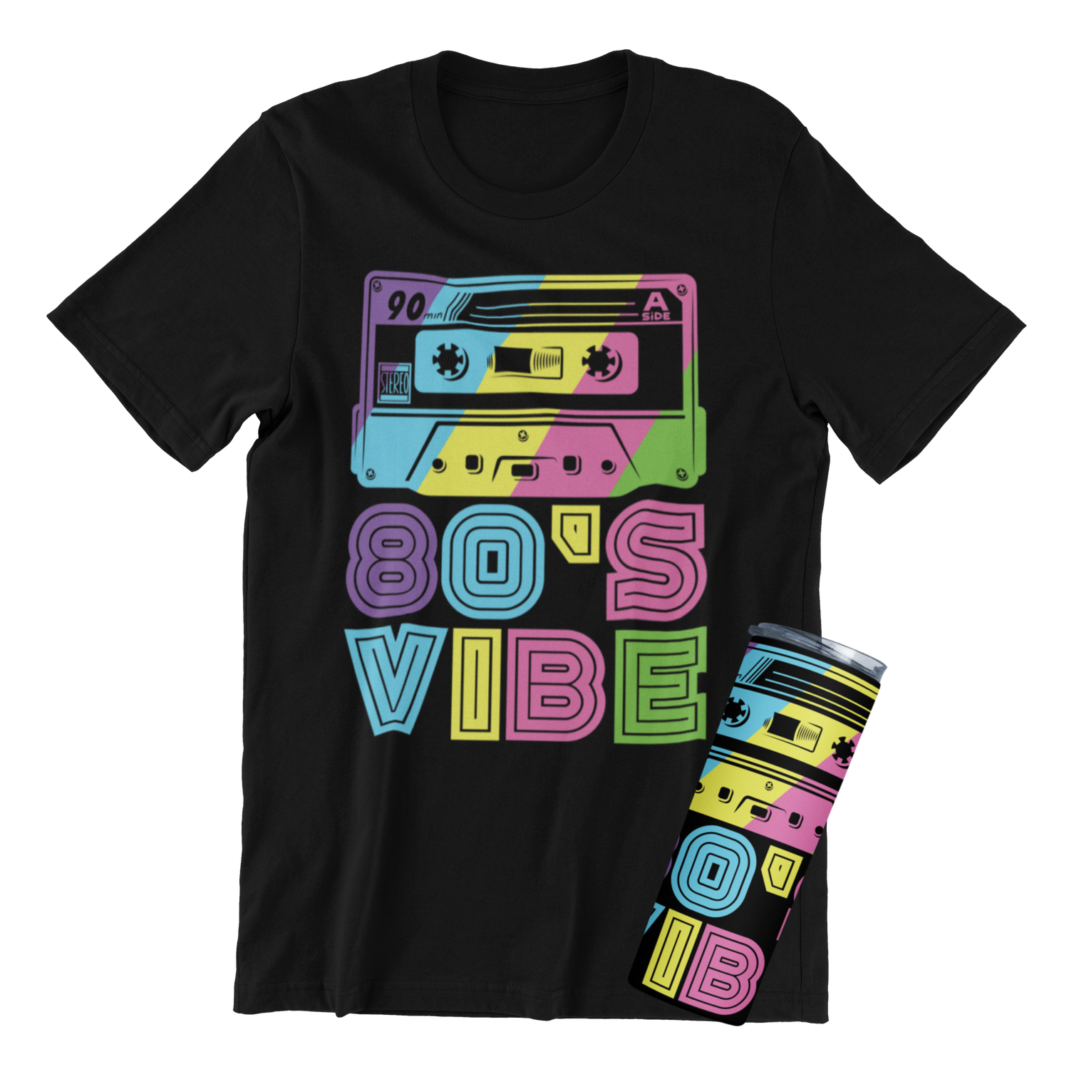 80s Vibe Retro Cassette T-Shirt or Tumbler - Neon Rainbow Design on Black