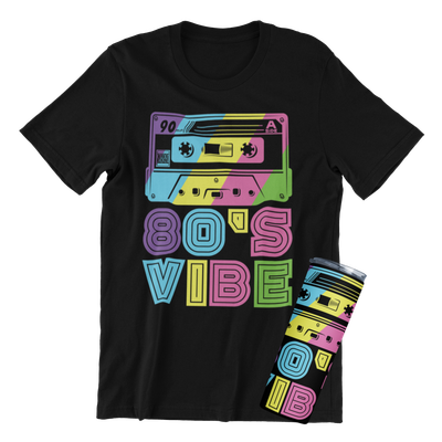 80s Vibe Retro Cassette T-Shirt or Tumbler - Neon Rainbow Design on Black