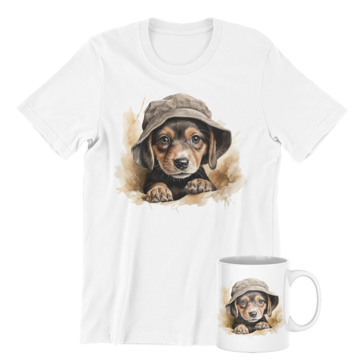 Beagle Dog Art T-Shirt - White Cotton with Unique Bucket Hat Design