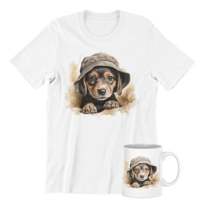 Beagle Dog Art T-Shirt - White Cotton with Unique Bucket Hat Design