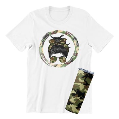 Camouflage Print Messy Bun T-Shirt or Tumbler - Military Style Graphic Tee