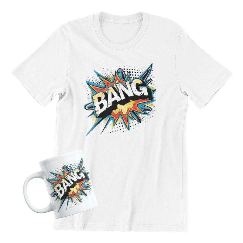 Comic Style T-shirt or Coffee Mug, Superhero Designs, White Ceramic