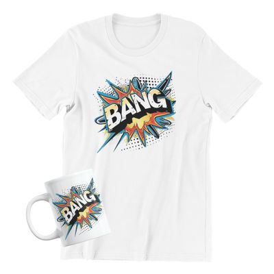 Comic Style T-shirt or Coffee Mug, Superhero Designs, White Ceramic