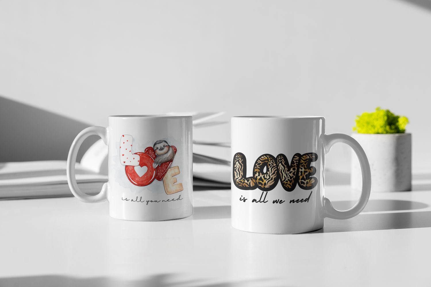 Cute Sloth Love Coffee Mug, 11 oz Ceramic Cup with Matching Coaster, White with Heart Design