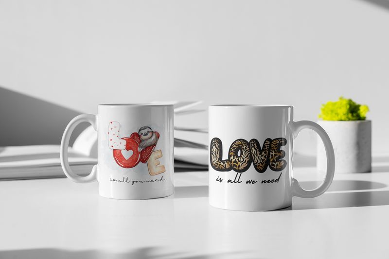 Cute Sloth Love Coffee Mug, 11 oz Ceramic Cup with Matching Coaster, White with Heart Design