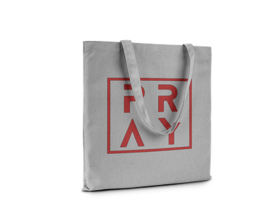 PRAY Canvas Tote Bag, Gray with Red Logo Print