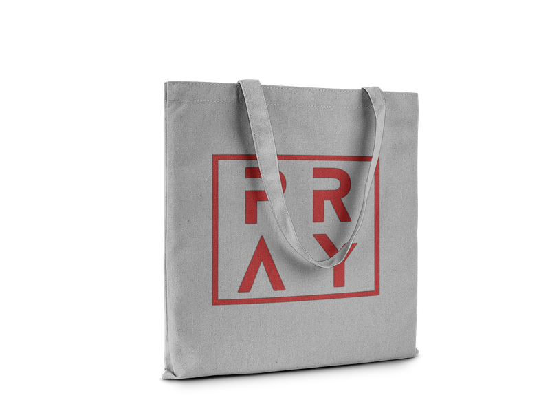 PRAY Canvas Tote Bag, Gray with Red Logo Print