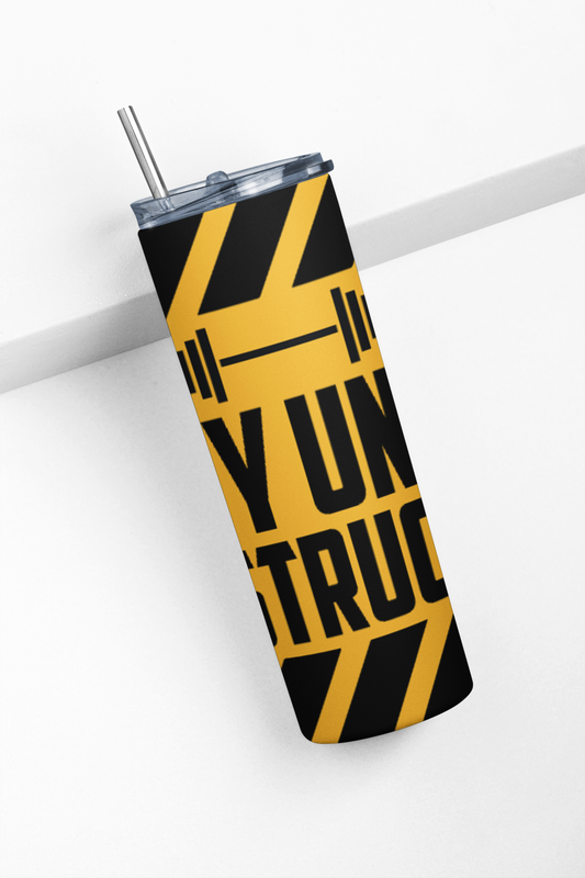 Fitness Motivation Tumbler, Under Construction Design, Stainless Steel Travel Cup with Straw, Black and Yellow