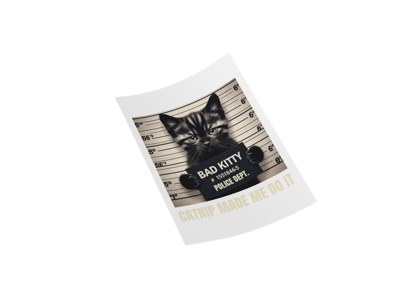 Bad Kitty Mugshot Iron-on Transfer fun cat-themed wall decor iron-on sticker, black and gray color.