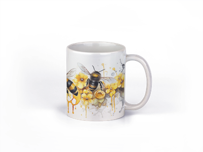 White ceramic Artistic Honeybee Coffee Mug, yellow and black honeybee design on white flowers.