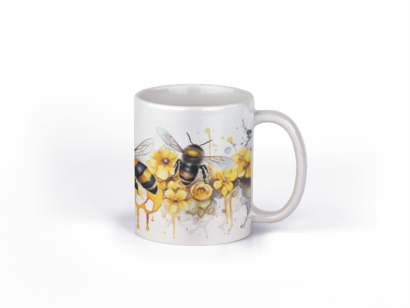 White ceramic Artistic Honeybee Coffee Mug, yellow and black honeybee design on white flowers.