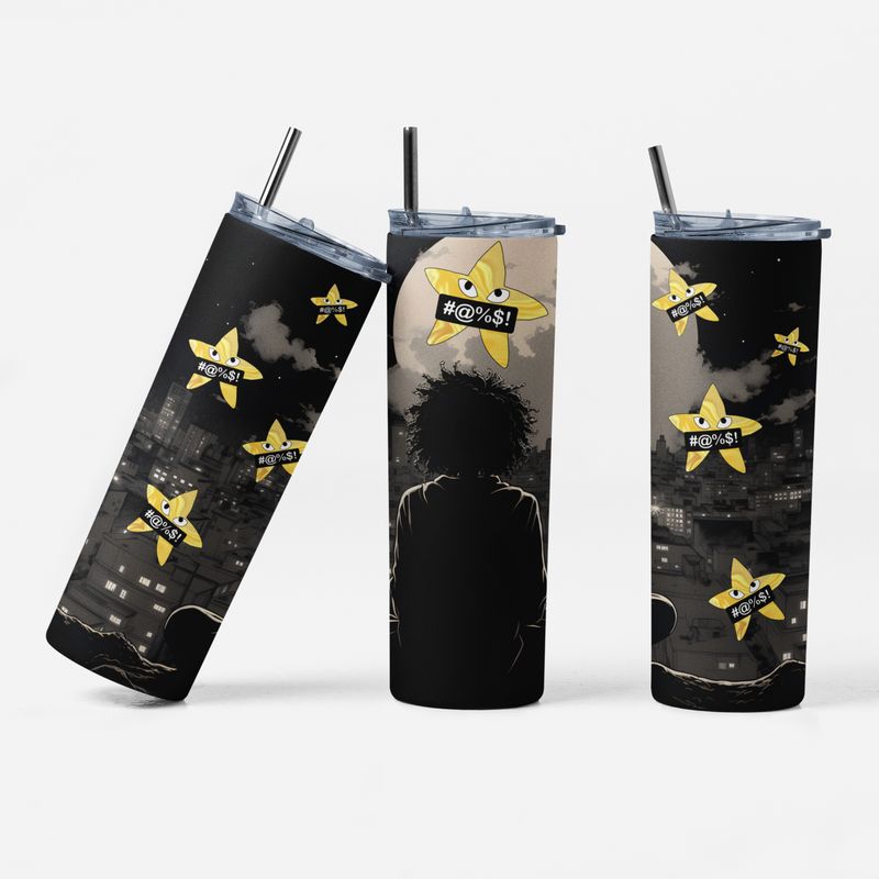 Anime Fans 20oz Insulated Stainless-Steel Skinny Tumbler Cup with a star pattern design.