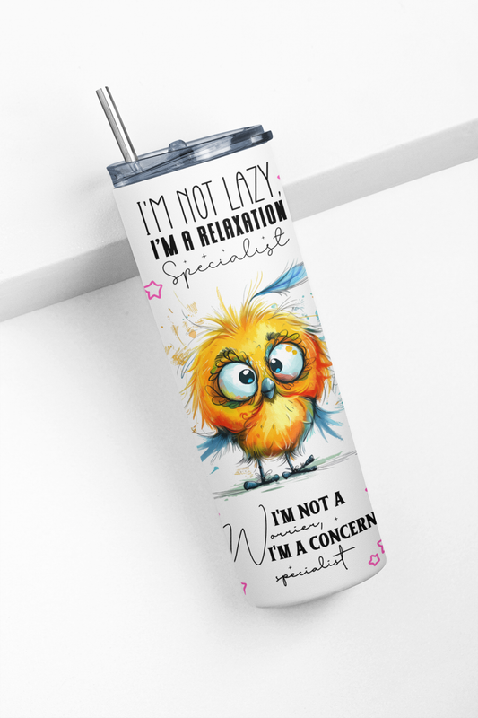 Motivational Bird Tumbler, 20 oz, Funny Quote Design with Cute Owl Art, White