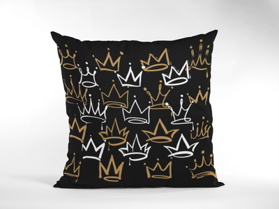 Decorative Crown Pattern Throw Pillow, Black with Gold and White Design, Modern Royal Home Decor