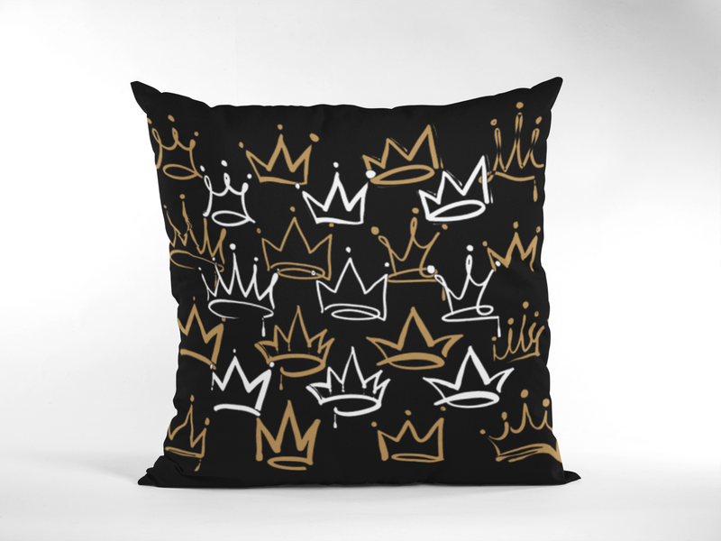 Decorative Crown Pattern Throw Pillow, Black with Gold and White Design, Modern Royal Home Decor