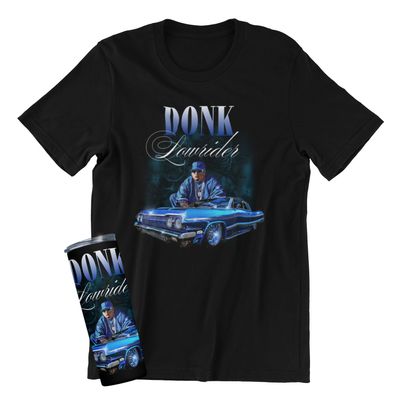Custom Blue Design on a Black Donk Classic Car T-Shirt and Companion Tumbler.