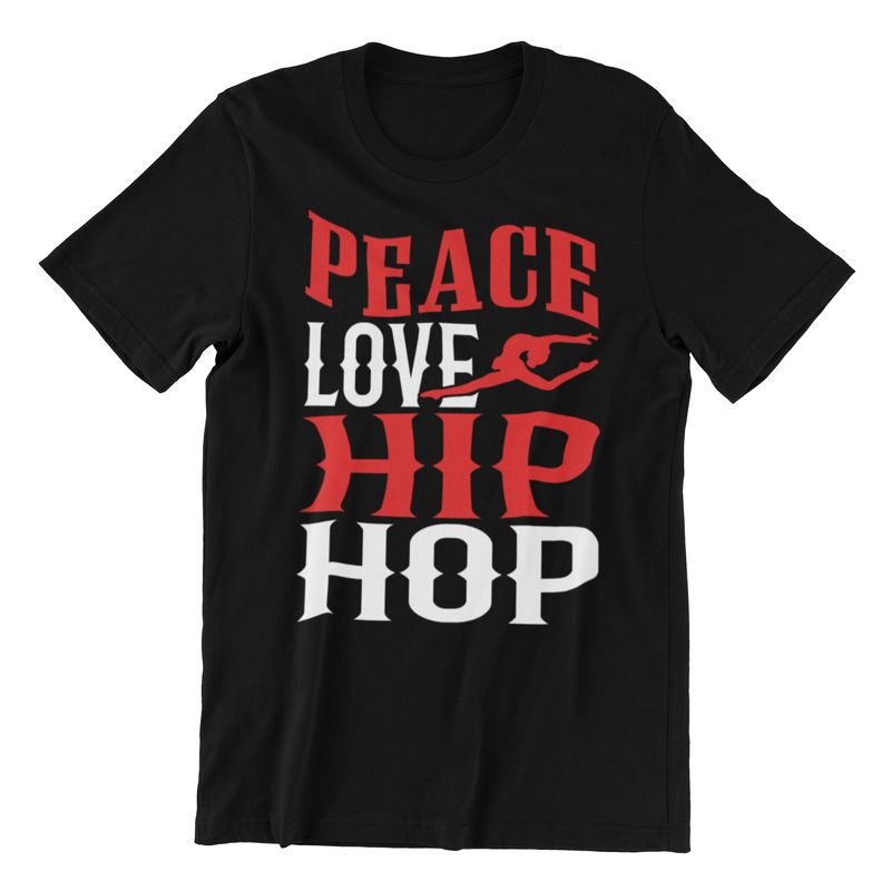 Peace Love Hip Hop black t-shirt with retro unisex adult design style.