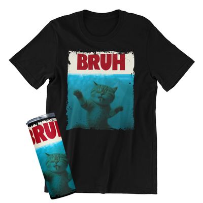 Bruh Funny Cat Meme T-Shirt or Tumbler - Black Cotton Unisex