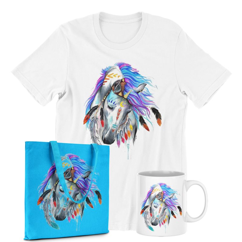 Boho horse graphic tee, mug, and tote bag set in turquoise feathers art.