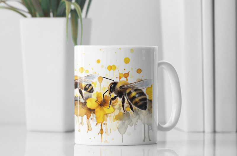 White ceramic Artistic Honeybee Coffee Mug with yellow and black honeybee design.
