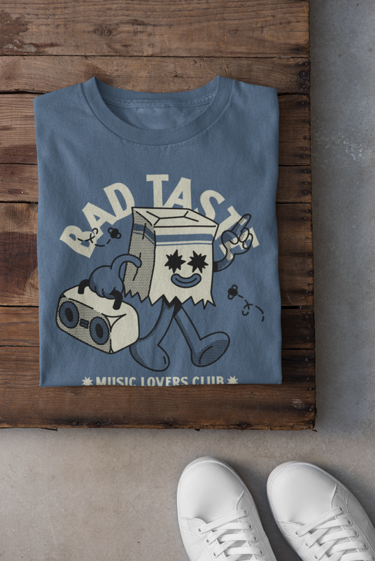 Bad Taste Music Lovers Club indigo blue cotton crew neck t-shirt.