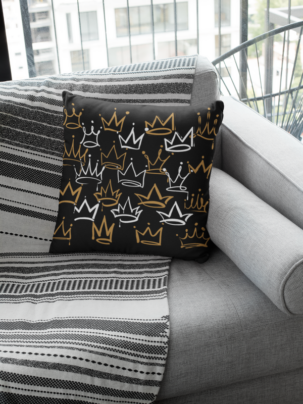 Decorative Crown Pattern Throw Pillow, Black with Gold and White Design, Modern Royal Home Decor