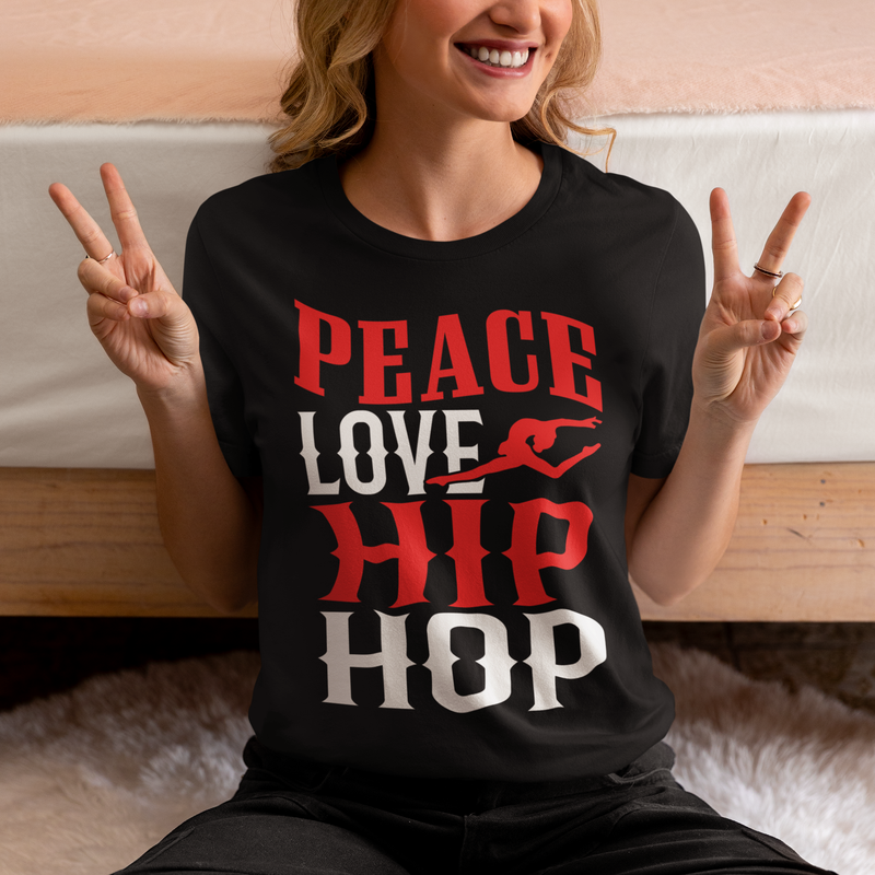 Adult Unisex Peace Love Hip Hop T-Shirt in Black Retro Design style.