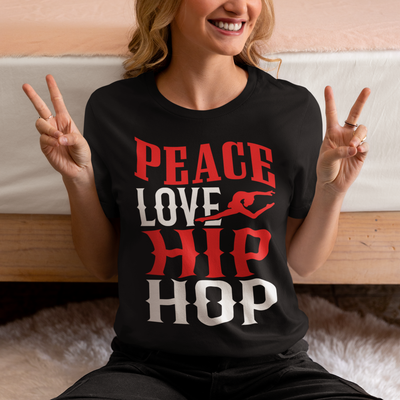 Adult Unisex Peace Love Hip Hop T-Shirt in Black Retro Design style.