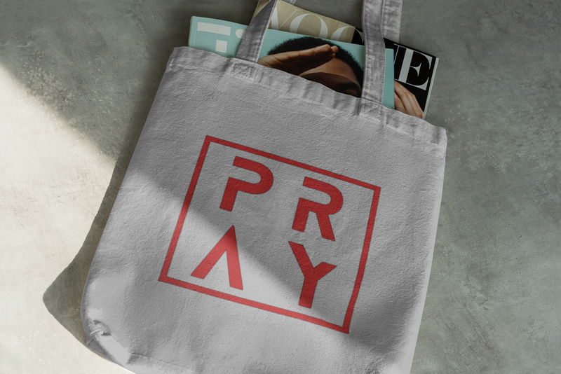 PRAY Canvas Tote Bag, Gray with Red Logo Print