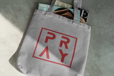 PRAY Canvas Tote Bag, Gray with Red Logo Print
