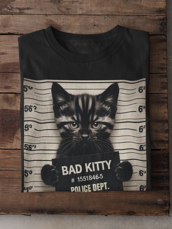 Bad Kitty Mugshot Iron-on Transfer on a black t-shirt with police details.