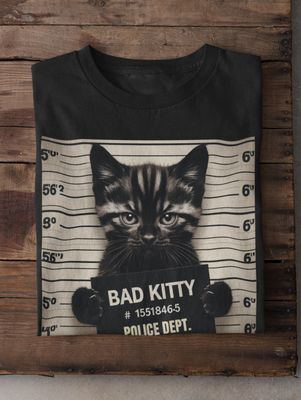 Bad Kitty Mugshot Iron-on Transfer on a black t-shirt with police details.